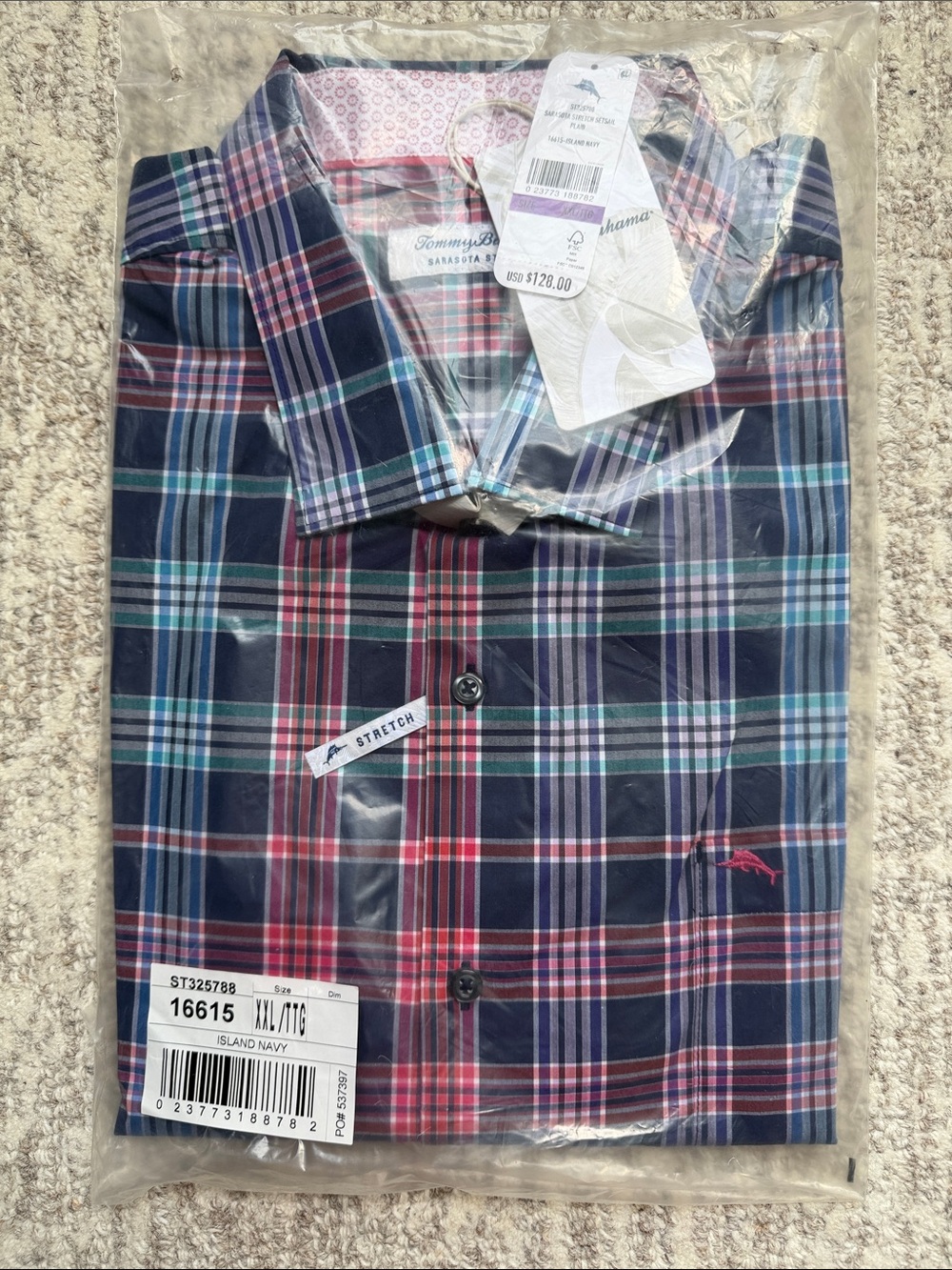 Tommy Bahama Island Navy Plaid Stretch Button-Down Shirt Red and Green Accents
